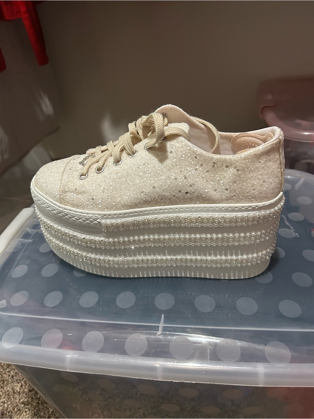 Platform Lace-Up Sneakers in Ivory Glitter